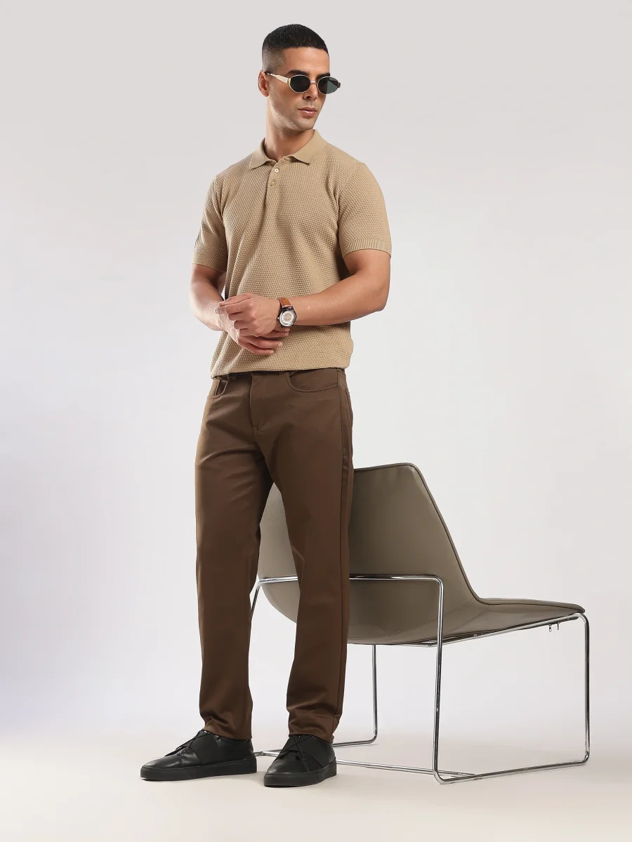 Brown Cotton Regular Fit Trouser - Image 4
