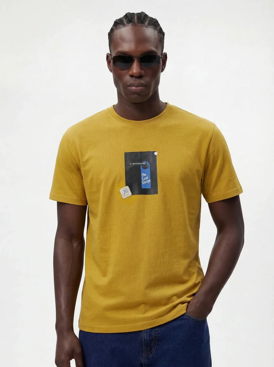 Mustard Cotton Boxy Fit Printed Round Neck T-Shirt - Image 2