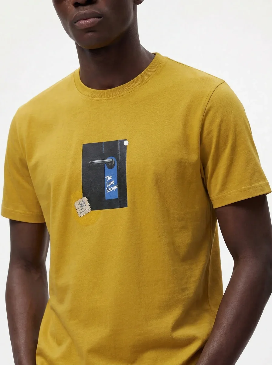 Mustard Cotton Boxy Fit Printed Round Neck T-Shirt - Image 8