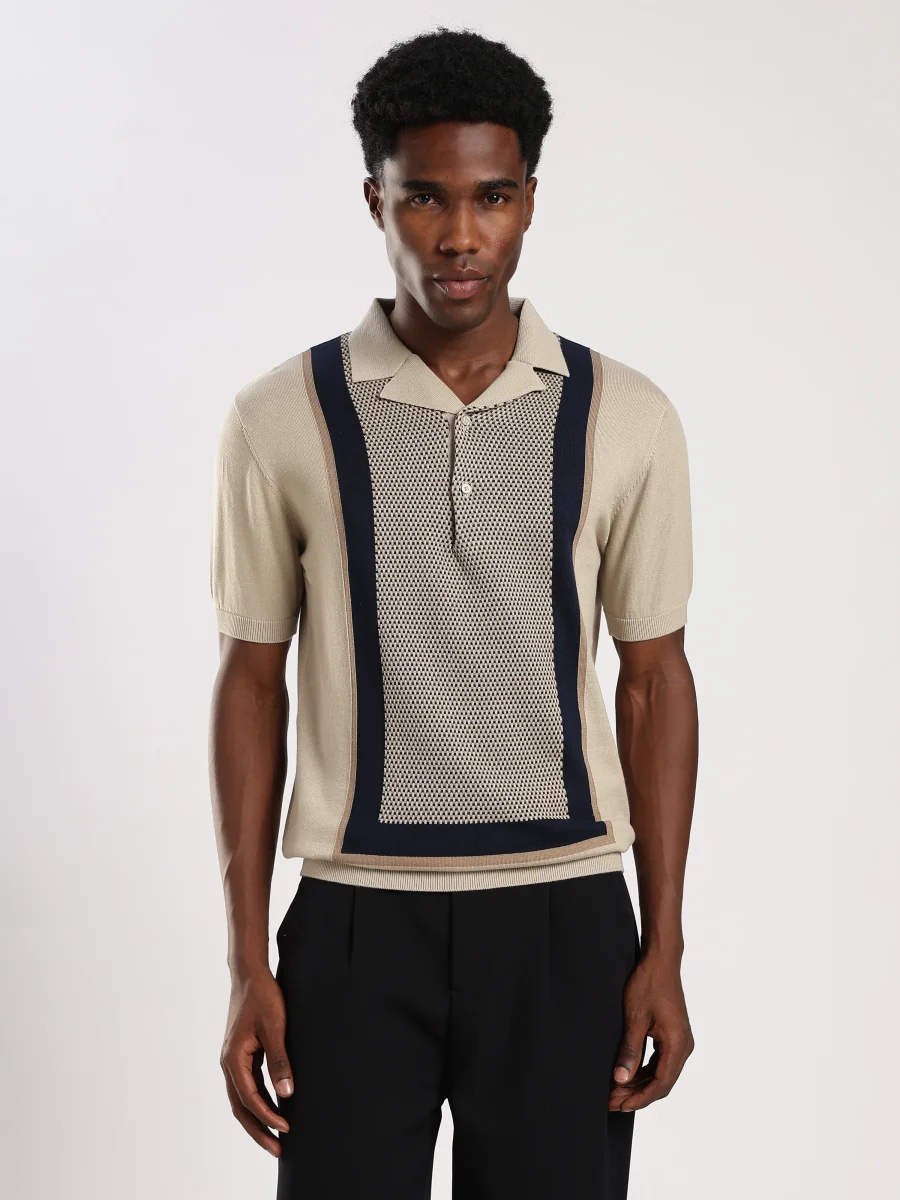 Beige Colour Block Slim Fit Flat Knit Polo T-Shirt - Image 2