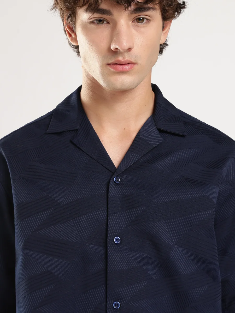Navy Blue Self Design Boxy Fit Casual Shirt - Image 3